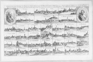 Eine Schwarz-Weiß-Zeichnung der Stadt Köln, umgeben von kleineren Bildern und Texten zur Geschichte der Stadt.