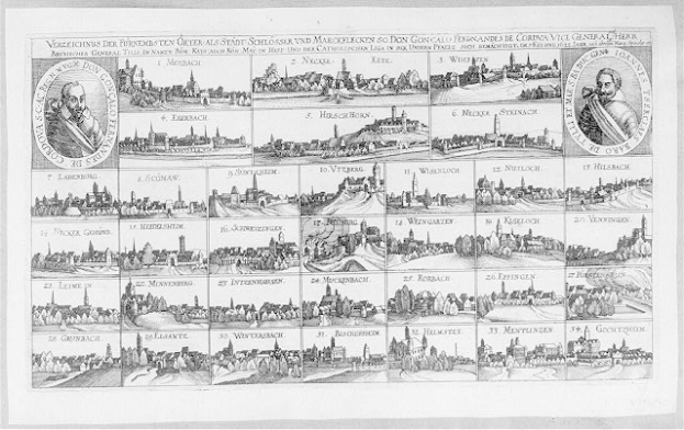 Eine Schwarz-Weiß-Zeichnung der Stadt Köln, umgeben von kleineren Bildern und Texten zur Geschichte der Stadt.