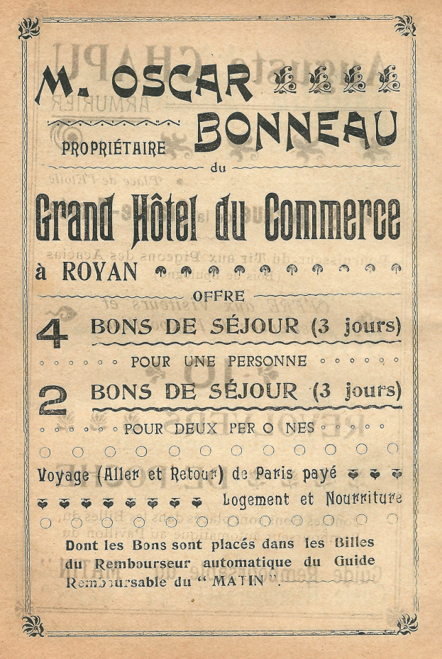 Alte Werbung für das Grand Hotel du Commerce in Paris, Frankreich, auf altem Papier mit Text, der die Dienstleistungen des Hotels bewirbt.