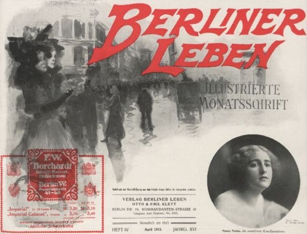 Eine Frau in einem Kleid und ein Mann in einem Anzug sind auf einem Plakat für den Berliner Leben-Film zu sehen, mit Text, einem Stempel und ein paar Menschen und Gebäuden im Hintergrund.