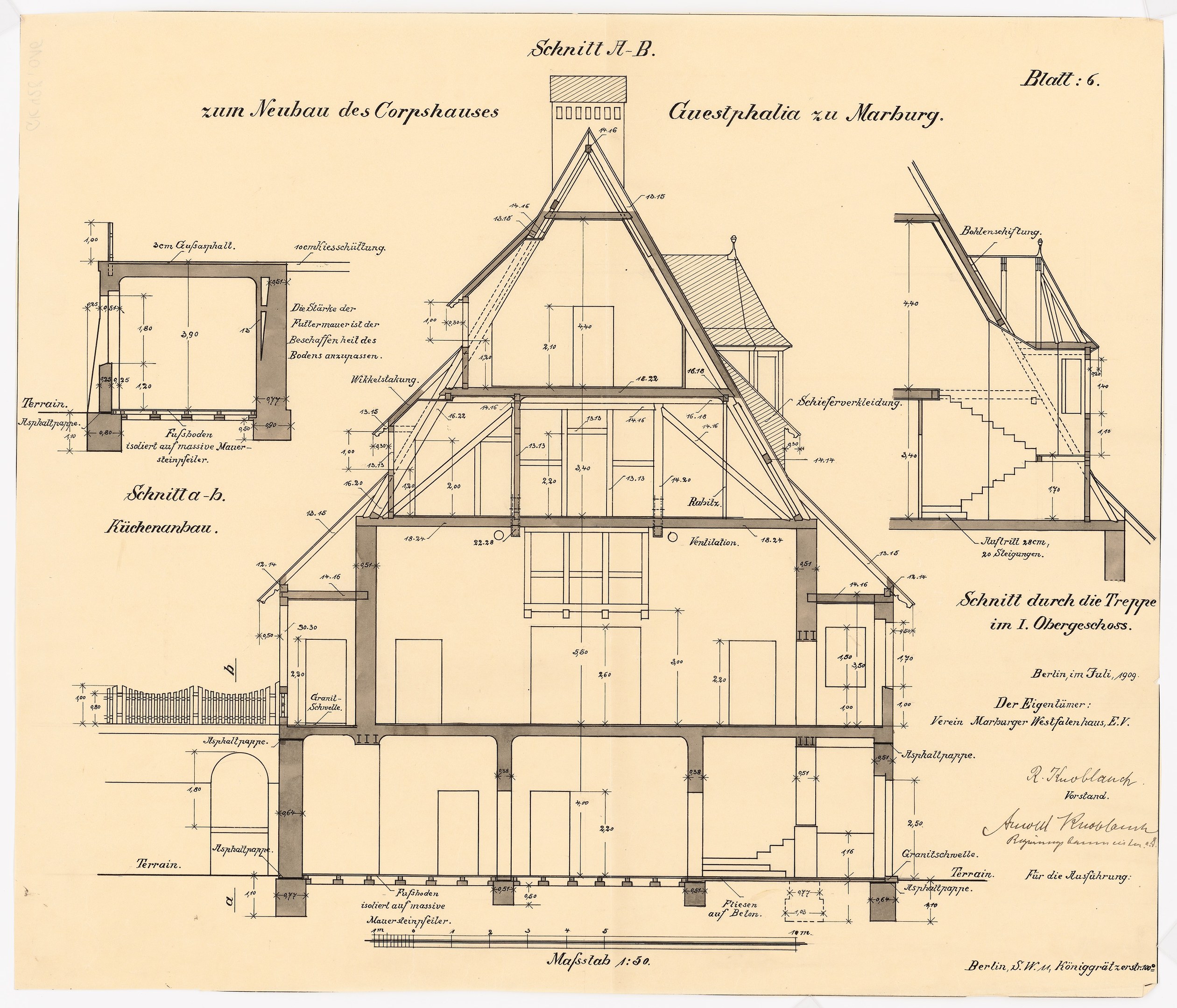 Ein detailliertes architektonisches Zeichnung eines Hauses mit zahlreichen Fenstern und einem Dach, identifiziert als das erste Haus in Deutschland, begleitet von Plänen und Text auf Papier.