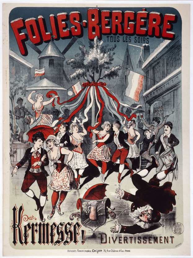 Plakat für das Folies-Bergère-Festival in Paris mit einer Gruppe tanzender Menschen vor Häusern, Flaggen und einem Baum im Hintergrund und französischem Text oben und unten.
