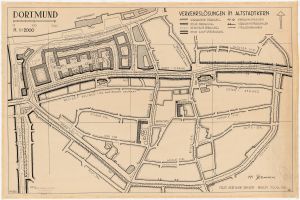Ein detaillierter alter Stadtplan von Dortmund, Deutschland, der Straßen, Gebäude und Sehenswürdigkeiten mit Textbeschriftungen zeigt.