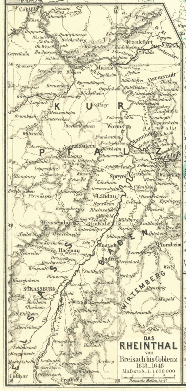 Ein detaillierter alter Plan der Rhine River in Deutschland, der Flüsse, Städte und Gewässer zeigt, mit Text oben und unten, der geografische Informationen bietet.