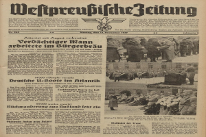 Schwarze Titelseite einer deutschen Zeitung vom 13. November 1939 mit der Schlagzeile "Weitpreubliche Zeitung" und einem Foto von Menschen in traditioneller deutscher Tracht in einer feierlichen Szenerie.