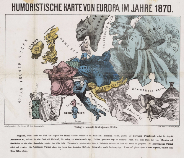 Ein Plakat mit dem Titel 'Humoristische Karte von Europa im Jahre 1870', das eine Karte von Europa mit Cartoon-Bildern zeigt.