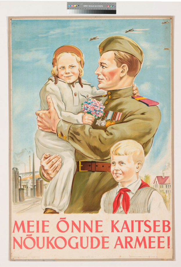 Ein polnischer Weltkriegspropagandaplakat, das einen Mann zeigt, der ein Kind h├Ąlt, sowie zwei weitere Kinder davor, begleitet von Text.