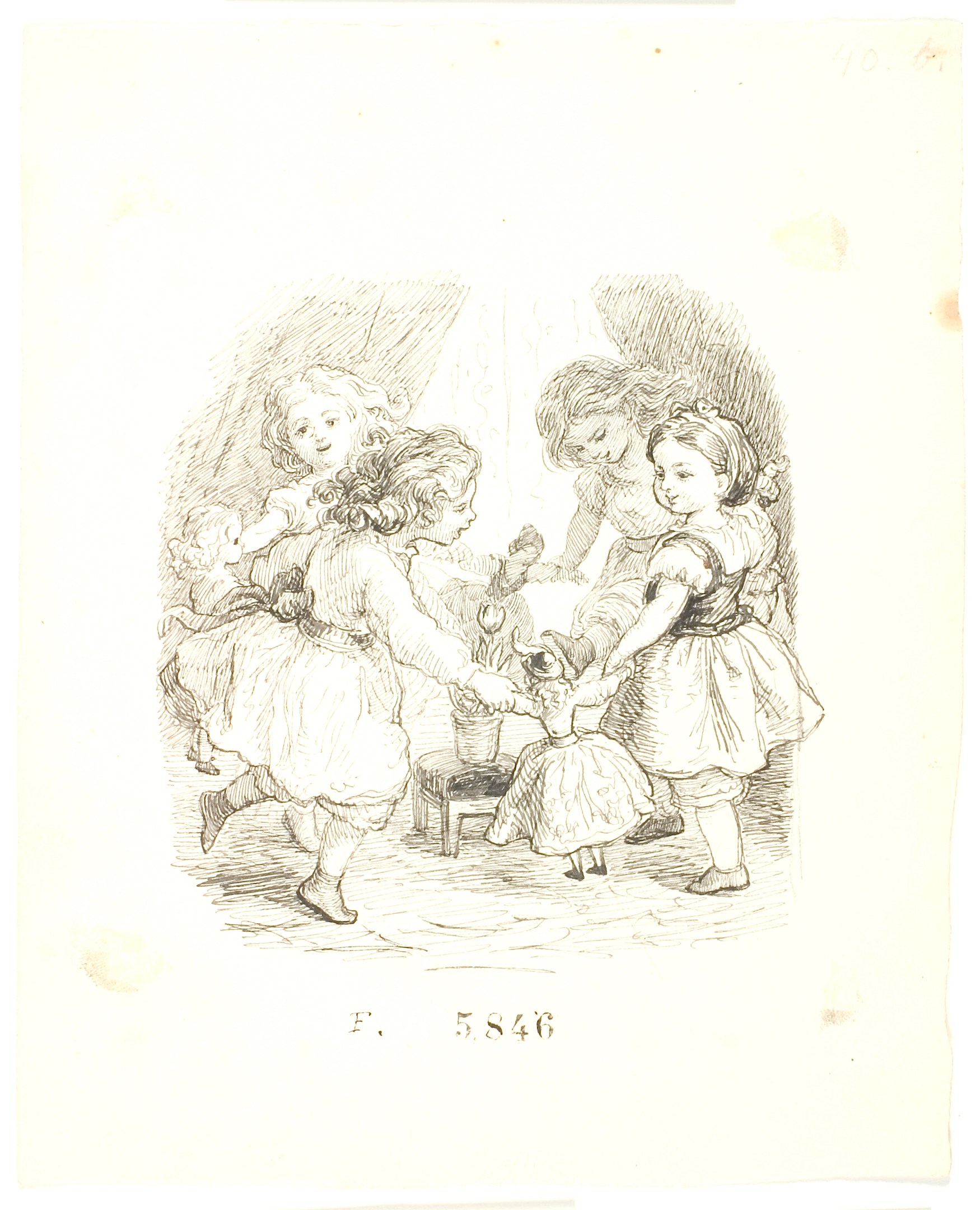 Eine Zeichnung von spielenden Kindern mit einem menschlichen Gesicht in der Mitte auf Papier mit handgeschriebenem Text.