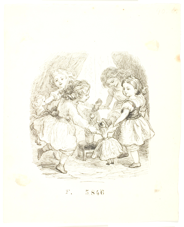 Eine Zeichnung von spielenden Kindern mit einem menschlichen Gesicht in der Mitte auf Papier mit handgeschriebenem Text.