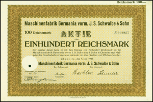 Ein altes deutsches Aktienzertifikat mit goldener Einfassung und fettem Text, gerahmt mit einem schwarzen Rand.