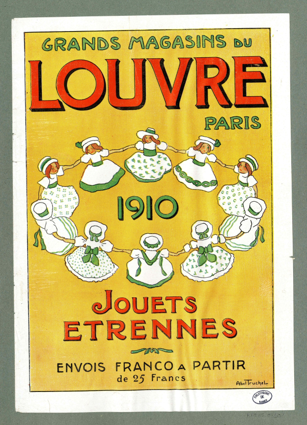 Plakat für das Louvre Paris 1910, das eine tanzende Gruppe von Menschen zeigt, mit Text, der das Ereignis beschreibt.