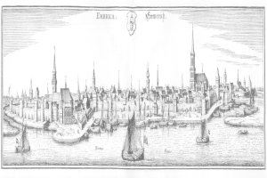 Schwarze und weiße Zeichnung von Emmerich, Deutschland, mit Booten auf dem Wasser und Stadtgebäuden sowie begleitendem Text.