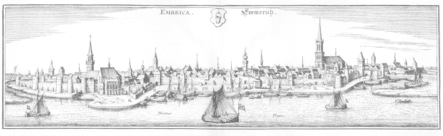 Schwarze und weiße Zeichnung von Emmerich, Deutschland, mit Booten auf dem Wasser und Stadtgebäuden sowie begleitendem Text.