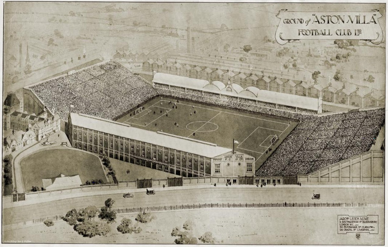 Schwarze und weiße Illustration des historischen Stadions von Aston Villa Football Club mit Gebäuden, Bäumen und Text um ein saftig grünes Spielfeld und Zuschauer in den Rängen.