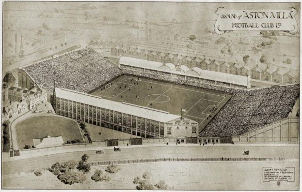 Schwarze und weiße Illustration des historischen Stadions von Aston Villa Football Club mit Gebäuden, Bäumen und Text um ein saftig grünes Spielfeld und Zuschauer in den Rängen.