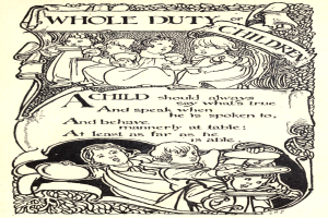 Ein leuchtend gelbes Plakat mit einer Gruppe strahlender Kinder verschiedenen Alters und Geschlechts und der fetten Schrift 'Whole Duty of Children' in schwarzer Schrift.