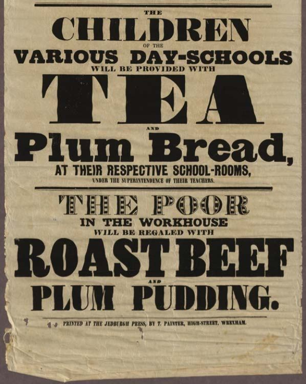 Ein Blatt mit dem Text "Die Kinder der verschiedenen Tagesschulen werden mit Tee, Pflaumenbrot und Roastbeef und Plumpudding versorgt."