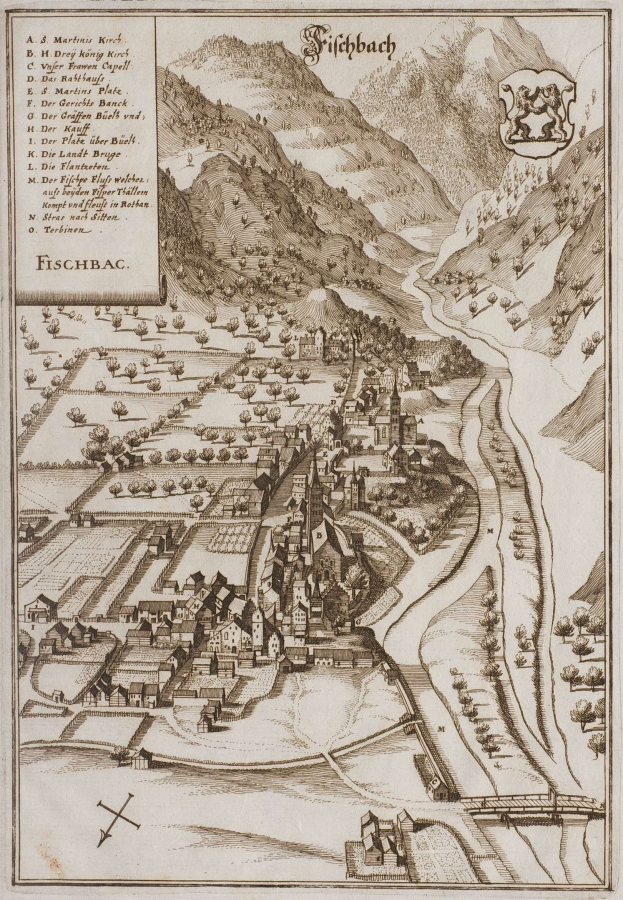 Alte Karte von Fischbach, Deutschland, mit H├Ąusern, B├Ąumen, Hügeln, einem gewundenen Fluss und gedrucktem Text mit einem Logo.