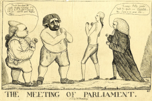 Ein Bleistiftbild mit dem Titel "Die Parlamentssitzung" zeigt drei Personen, die stehen und diskutieren, wobei eine Person energisch gestikuliert.