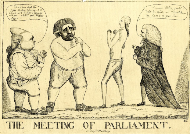 Ein Bleistiftbild mit dem Titel "Die Parlamentssitzung" zeigt drei Personen, die stehen und diskutieren, wobei eine Person energisch gestikuliert.