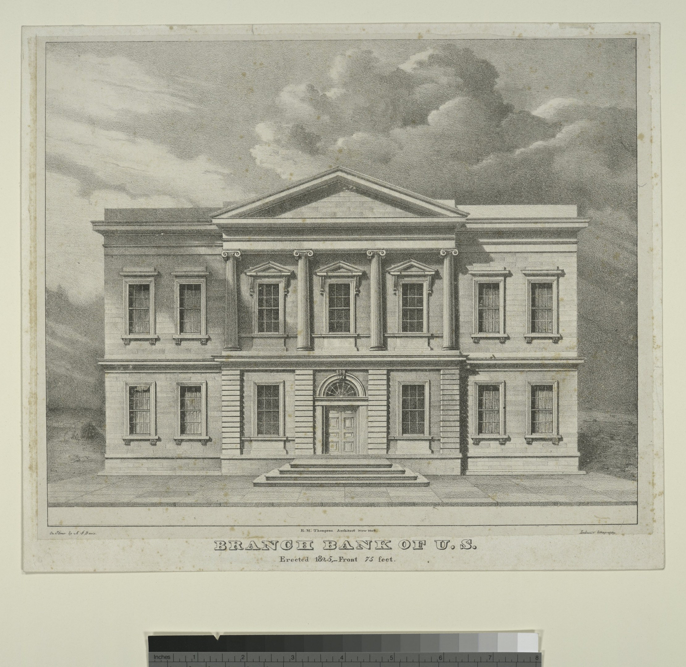 Schwarz-weiß-Zeichnung eines Gebäudes mit der Aufschrift "Zweigstelle der Vereinigten Staaten"