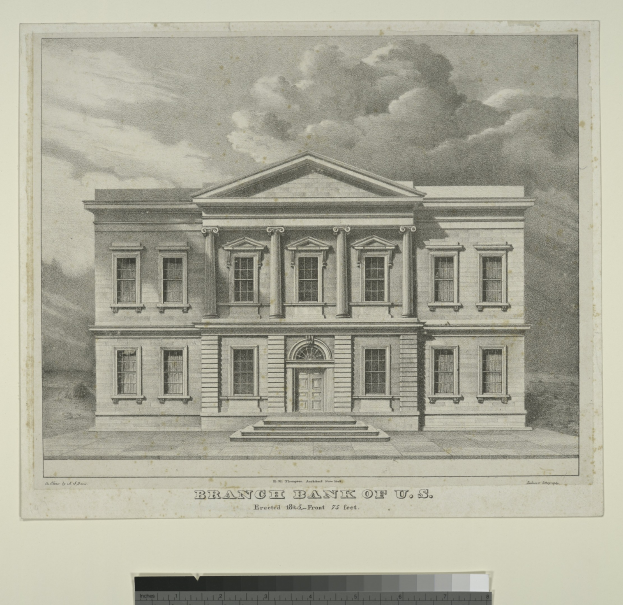 Schwarz-weiß-Zeichnung eines Gebäudes mit der Aufschrift "Zweigstelle der Vereinigten Staaten"