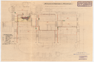 Ein detailliertes architektonisches Zeichnung des Rosenhof-Krankenhauses in Hamburg, Deutschland, das ein Gebäude mit zahlreichen Drähten und Text zeigt, der den Aufbau beschreibt, einschließlich Räume, Flure und andere Merkmale.