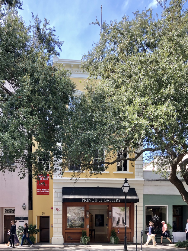 Menschen auf einem Gehweg vor der Principle Gallery in Charleston, SC, mit Topfpflanzen, einer Straßenlaterne, einem Schild, einer Fahne, einem Fahnenmast und einem bewölkten Himmel.