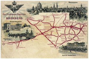 Ausführliche Plakatkarte von Bromberg, Deutschland, mit Straßen, Sehenswürdigkeiten, Gebäuden, Bäumen, einer Brücke und historischem und kulturellen Text.