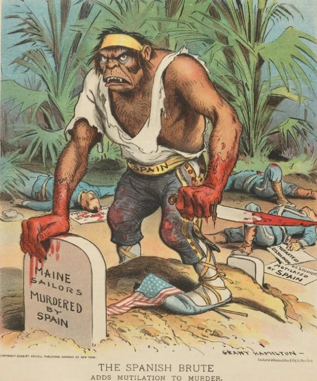 Zeichnung zeigt Mann mit Messer über Grab mit Inschrift, umgeben von liegenden Gestalten und Bäumen, mit der Beschriftung "Der spanische Barbar fügt Verstümmelung zum Mord hinzu" unten.