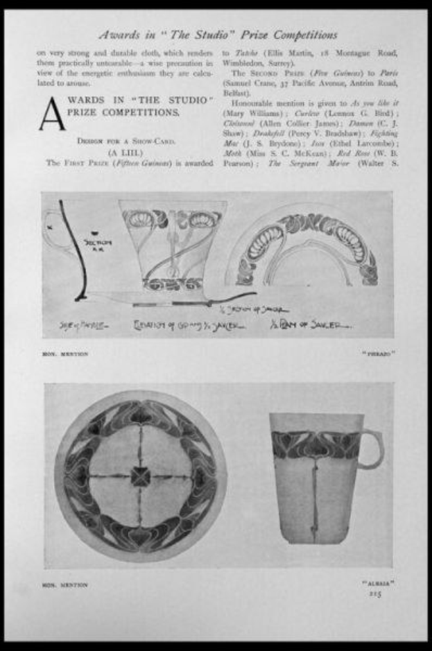 Schwarze und weiße Zeichnung einer Tasse und eines Untertellers mit einem Design, eingerahmt von einem schwarzen Rand, und Text, der "Awards in the Studio Prize Competitions" lautet.