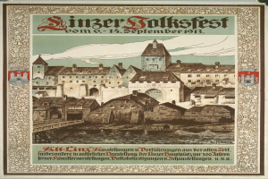 Altes deutsches Festivalplakat mit einer Burg- und Häuserillustration, begleitet von Text.