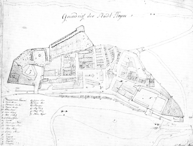 Schwarze und weiße Karte von Stadt Sigra, Deutschland, zeigt ein detailliertes Layout von Gebäuden und Straßen mit Textanmerkungen.
