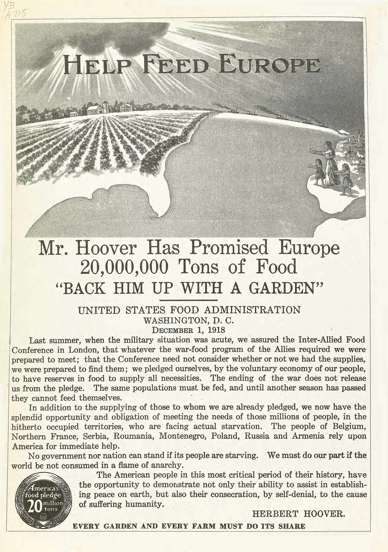Plakatwerbung für die Initiative von Herrn Hoover zur Unterstützung der Ernährung in Europa, mit Text und Abbildung.