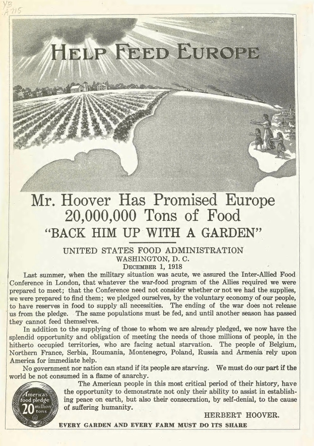 Plakatwerbung für die Initiative von Herrn Hoover zur Unterstützung der Ernährung in Europa, mit Text und Abbildung.