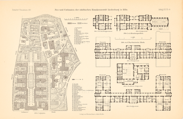 Detailierte alte Stadtkarte mit beschrifteten Straßen, Gebäuden, Parks und Sehenswürdigkeiten auf vergilbtem Papier.