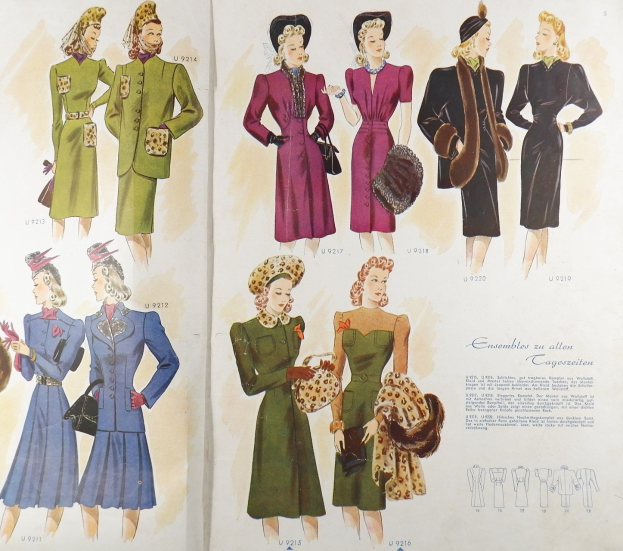 Ein Buchumschlag mit einer Zeichnung einer Frau in einem 1940er-Kleid und Hut, umgeben von Bildern anderer Frauen in ähnlicher Kleidung, mit der Aufschrift "Fashion aus den 1940er-Jahren".