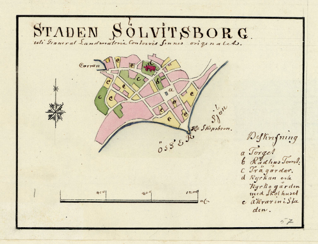 Ein detaillierter Stadtplan von Staden Solvitsborg, Schweden, der Straßen, Gebäude und Sehenswürdigkeiten zeigt, mit Text darauf geschrieben.