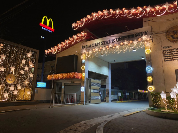 Eingang eines McDonald's-Restaurants bei Nacht, geschmückt mit Weihnachtslichtern, einem Metallzaun, Tor, Beschilderung, Pflanzen, Bäumen und Drähten unter einem bewölkten Himmel.