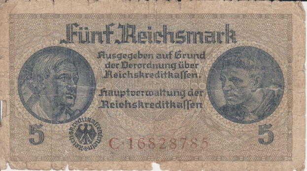 Alte deutsche 5 Reichsmark-Banknote mit einem Männerporträt, ausgestellt in Deutschland.