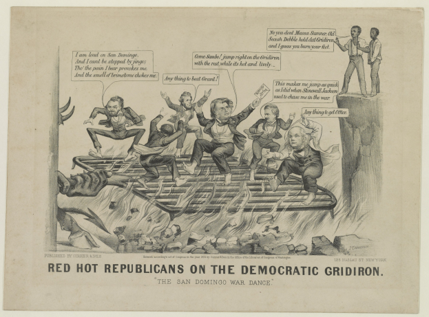 Politischer Cartoon, der rote Figuren in Not auf einem Gridiron mit fetter schwarzer Schrift zeigt.