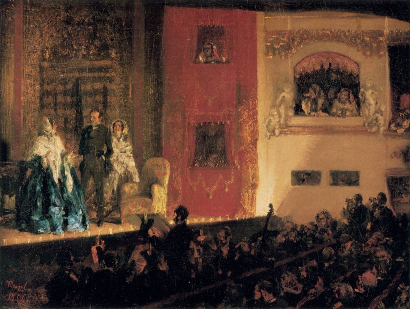 Gemälde namens 'Die Oper' (1856), das eine Gruppe auf der Bühne mit Instrumenten und sitzenden Figuren vor einem Publikum und einer Wand als Hintergrund zeigt.