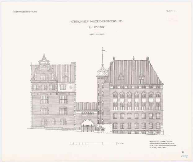 Eine Zeichnung eines großen Gebäudes mit einem Uhrenturm, das als Hauptsaal des Rathauses bezeichnet wird, auf einem Blatt Papier mit Text.