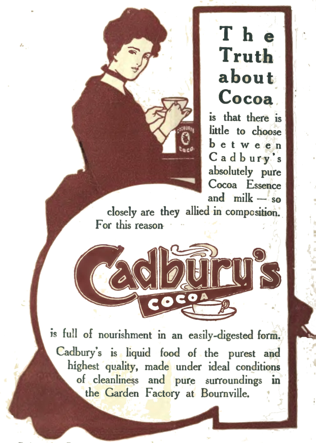 Werbung für Cadbury's Kakao mit einer Frau, die eine Tasse Kakao hält