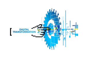 Ein digitales Transformationslogo mit dem Text 'Digitale Transformation' in der Mitte auf einem weißen Hintergrund, das ein Design aus blauen, schwarzen und gelben Punkten zeigt.