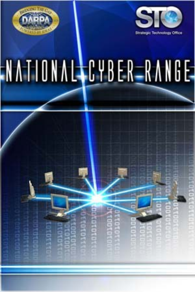 Plakat mit "Nationales Cyber Range" in fetter weißer Schrift auf blauem Hintergrund, das eine Weltkugel mit mehreren angeschlossenen Computern zeigt.