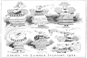 Eine Zeitung mit einer Zeichnung mehrerer Frauen in modischen Kleidern aus dem Frühjahr und Sommer 1932, begleitet von beschreibendem Text.
