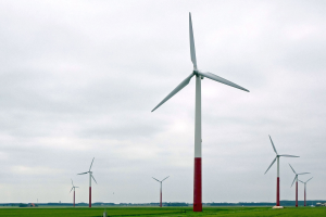 Eine Gruppe hoher weißer Windkraftanlagen in einem grünen Feld mit Bäumen und Wolken im Hintergrund.