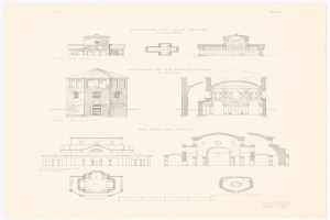 Eine Buchseite mit detaillierten Illustrationen verschiedener Gebäude mit einzigartigen Architekturstilen, begleitet von beschreibendem Text über ihre Geschichte.