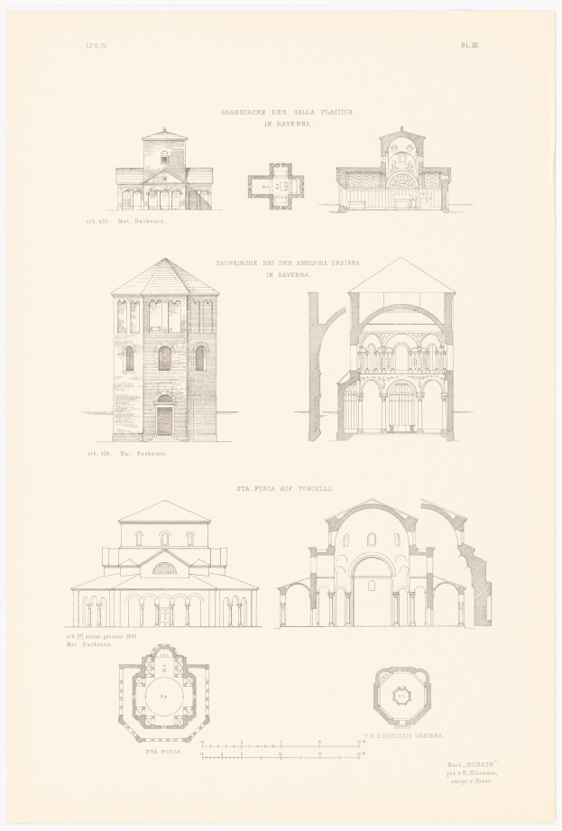 Eine Buchseite mit detaillierten Illustrationen verschiedener Gebäude mit einzigartigen Architekturstilen, begleitet von beschreibendem Text über ihre Geschichte.